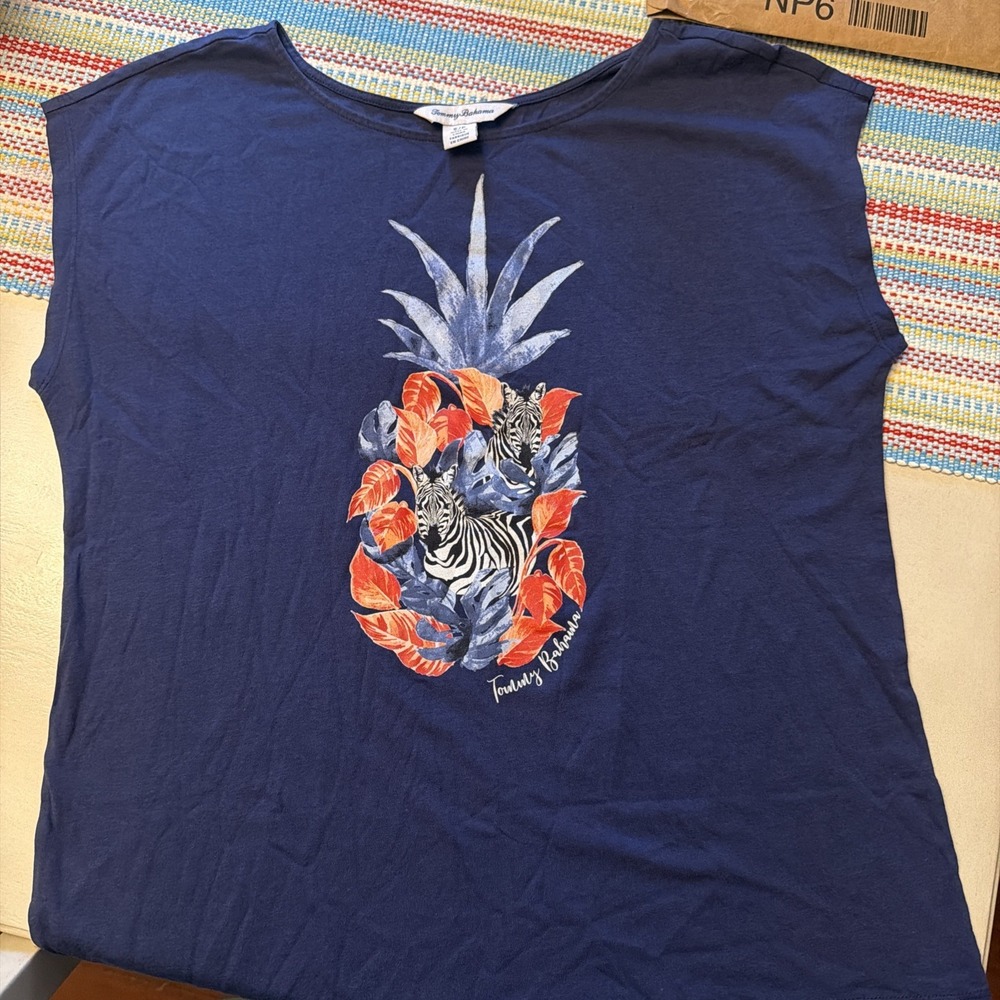 Tommy Bahama T-Shirt Womens Blue Zebra Graphic Tee Boho Scoop Neck Small